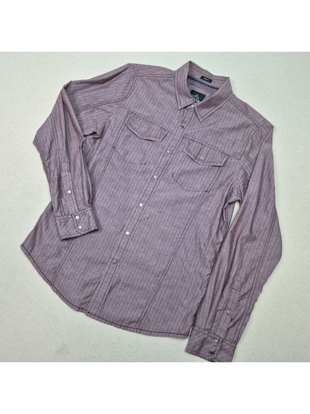 prAna Men's Pearl Snap Long Sleeve Slim Fit Button Up Pur/Blk Striped Shirt Sz S